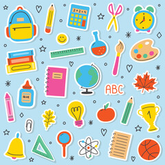 Collection of a hand drawn school stickers. Cartoon stationery icons. Vector illustration