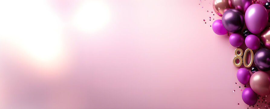 80 birthday,  anniversary, party invitation arrangement; pink card background; colourful balloons isolated over optimistic pink backdrop