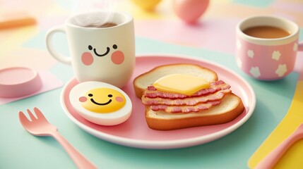 Smiling breakfast with bacon, egg, and toast on a pink plate.