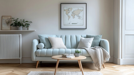 Minimalist interior design of modern living room with light blue sofa and wooden coffee table
