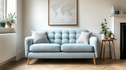 Minimalist interior design of modern living room with blue sofa and wall map
