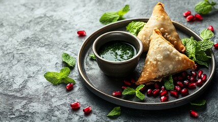 Samosa served with a drizzle of mint chutney and garnished with pomegranate seeds, isolated on a textured fabric backdrop