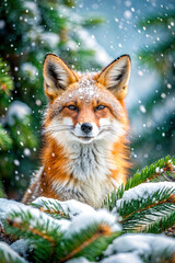 Fototapeta premium A red fox with snowflakes on its fur stands among snowy pine branches. Perfect for holiday cards, winter marketing, nature magazines, and wildlife calendars. 