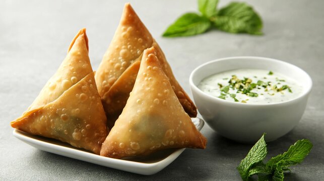 Samosa on a simple grey background with a sprinkle of cumin seeds and a mint dip bowl