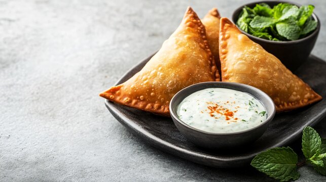 Samosa on a simple grey background with a sprinkle of cumin seeds and a mint dip bowl