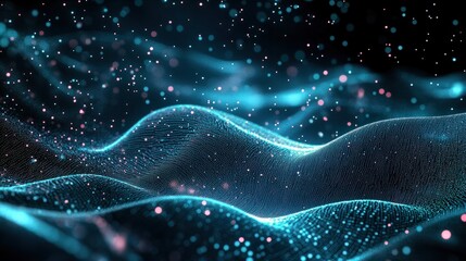 Abstract Waving Particle Technology Background Design. Abstract wave moving dots flow particles, hi-tech and big data background design for brochures, flyers, magazine, business card, banner. Vector