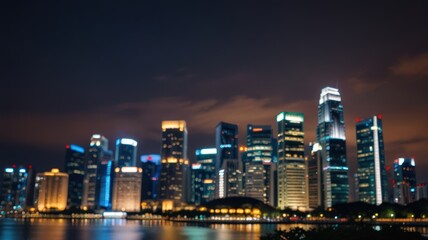 A blurred view of a cityscape at night, with bright lights from the buildings reflected in the water.