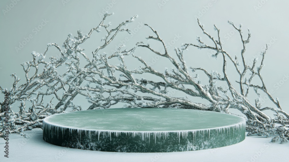 Fototapete a tranquil winter scene features a circular platform surrounded by branches coated in frost. the sof
