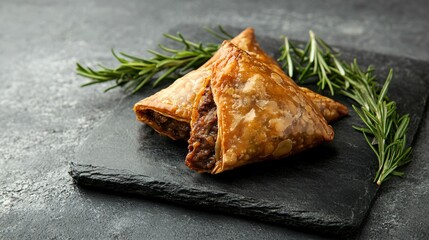 Samosa with spicy lamb filling, placed on a stone slab, isolated on a cool grey background with rosemary sprigs