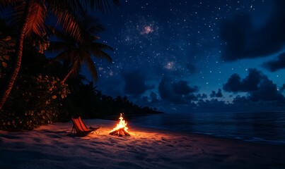 A serene beach at night with a glowing campfire under a starlit sky, perfect for a peaceful and relaxing getaway