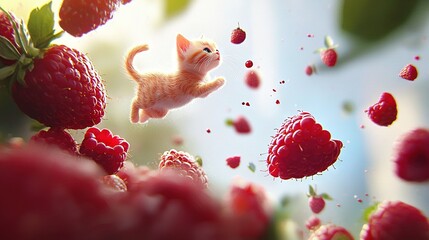 Fototapeta premium Kitten in flight above raspberry field on sunny day