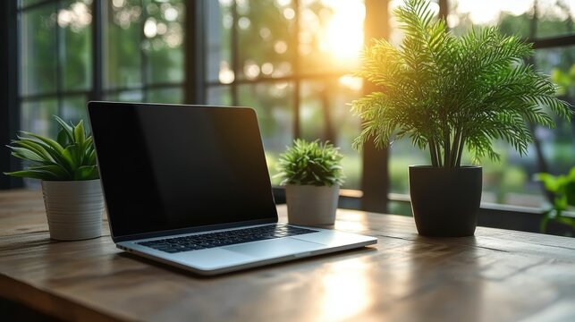 A modern laptop sitting on a wooden desk surrounded by various green potted plants with sunlight streaming through large windows in the background