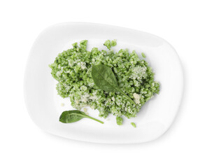 Fototapeta premium Delicious spinach risotto with parmesan cheese isolated on white, top view