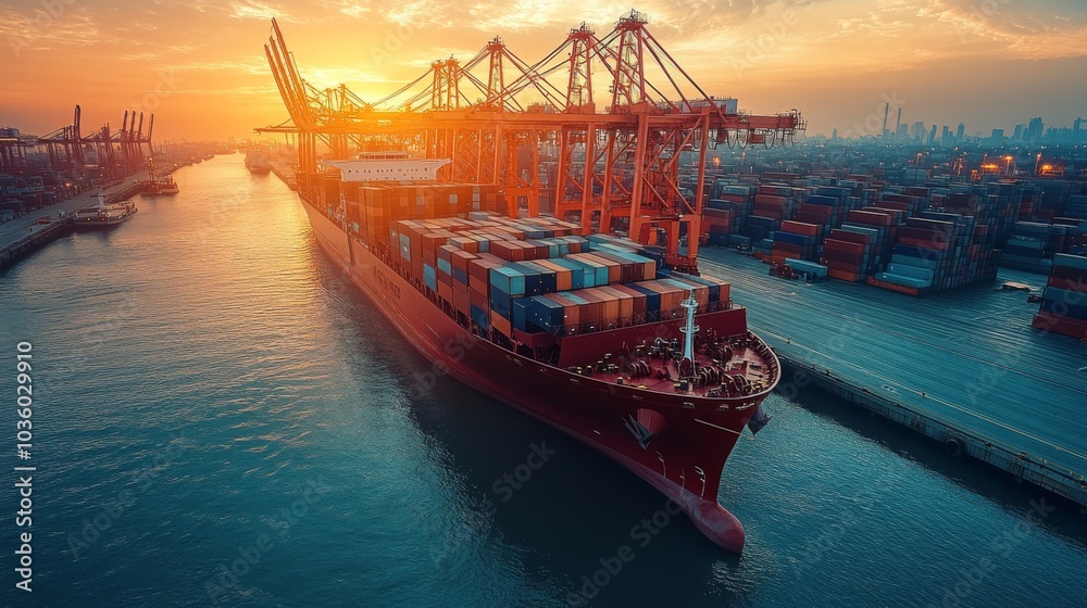 Poster a large container ship sails through a bustling port at sunset, surrounded by numerous shipping cont