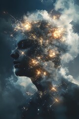Surreal Abstract Portrait of a Person Dissolving into Geometric Shapes and Bright Lights