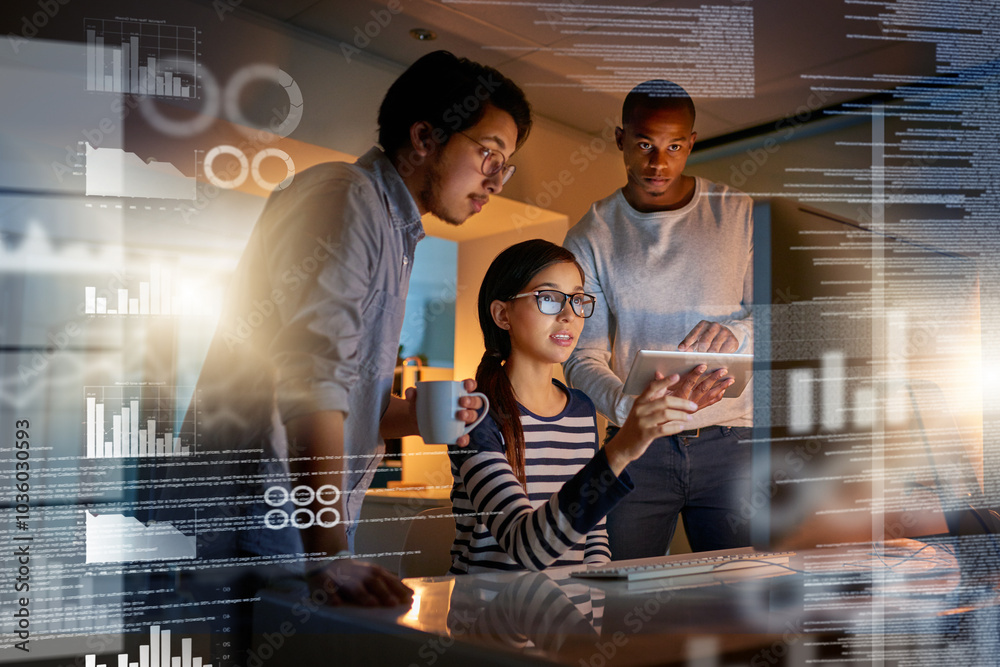 Poster Programmer, graphs and dashboard overlay at night with staff and database developer team with software development. Planning, conversation and web statistics with it people and coding strategy