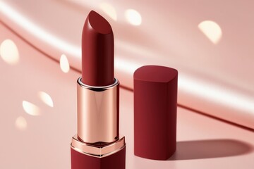 Matte lipstick mockup in bold color with the cap partially off, standing tall on a sleek surface with a blurred, elegant background