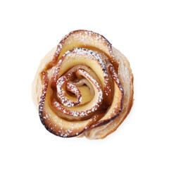 Freshly baked apple rose isolated on white, top view. Puff pastry