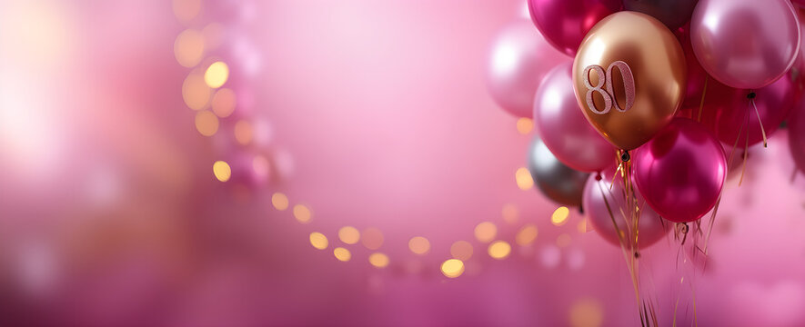 80th birthday,  anniversary, party invitation; pink card background; colourful balloons isolated over optimistic pink backdrop