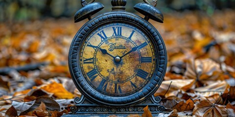 A vintage alarm clock with a rusted face and Roman numerals sits amidst a bed of autumn leaves, evoking a sense of nostalgia and timelessness