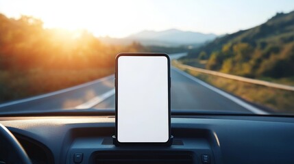 Smart phone with blank screen in car windshield holder. Empty screen for your advertise design. A blank white screen smartphone on a car dashboard with a scenic road visible through the windshield. 