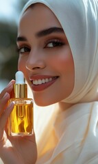 Fototapeta premium Smiling woman in hijab holds bottle of oil.
