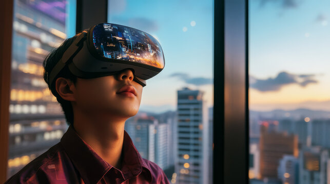 person wearing virtual reality headset gazes out at cityscape during sunset, reflecting future of work and life in immersive digital world