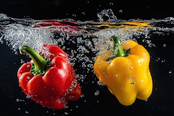 Red and yellow pepper falling into water on black background