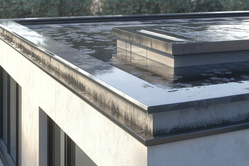 Detail of the facade of a modern office building with a fountain