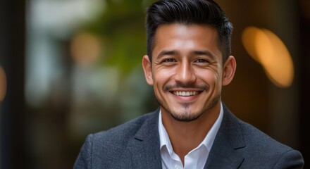 Obraz premium Smiling young man in a suit holding a blank card in a cheerful outdoor setting during a sunny afternoon in an urban environment