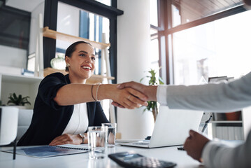 Office, businesswoman and client with handshake for agreement, finance deal or partnership with smile. Accounting firm, employees and teamwork with shaking hands for thank you, welcome or negotiation