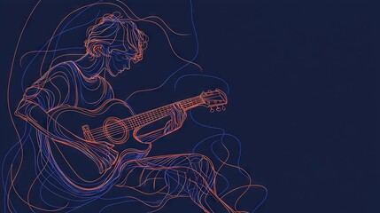   A man plays guitar with red and blue accents on a dark blue backdrop