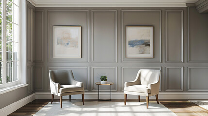 Fototapeta premium A stylish transitional interior wall painted in a soft taupe hue, featuring large white trim and crown molding