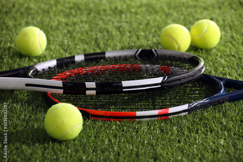 Sticker Tennis rackets and balls on green artificial grass, closeup