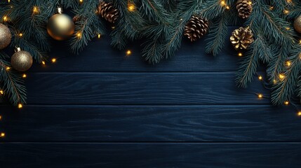 Festive pine branches adorned with golden ornaments and twinkling lights against a dark wooden backdrop for a cozy holiday ambiance