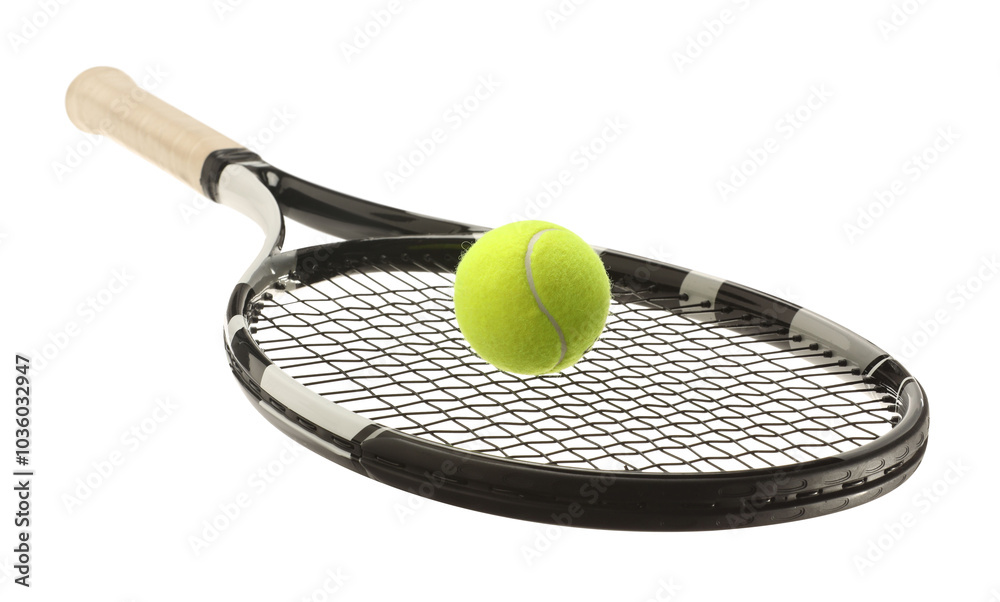 Sticker Tennis racket with ball isolated on white