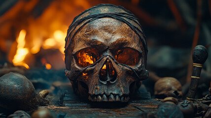 Ancient skull with fire in the background, eerie atmosphere