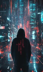 Hooded figure in a digital city.