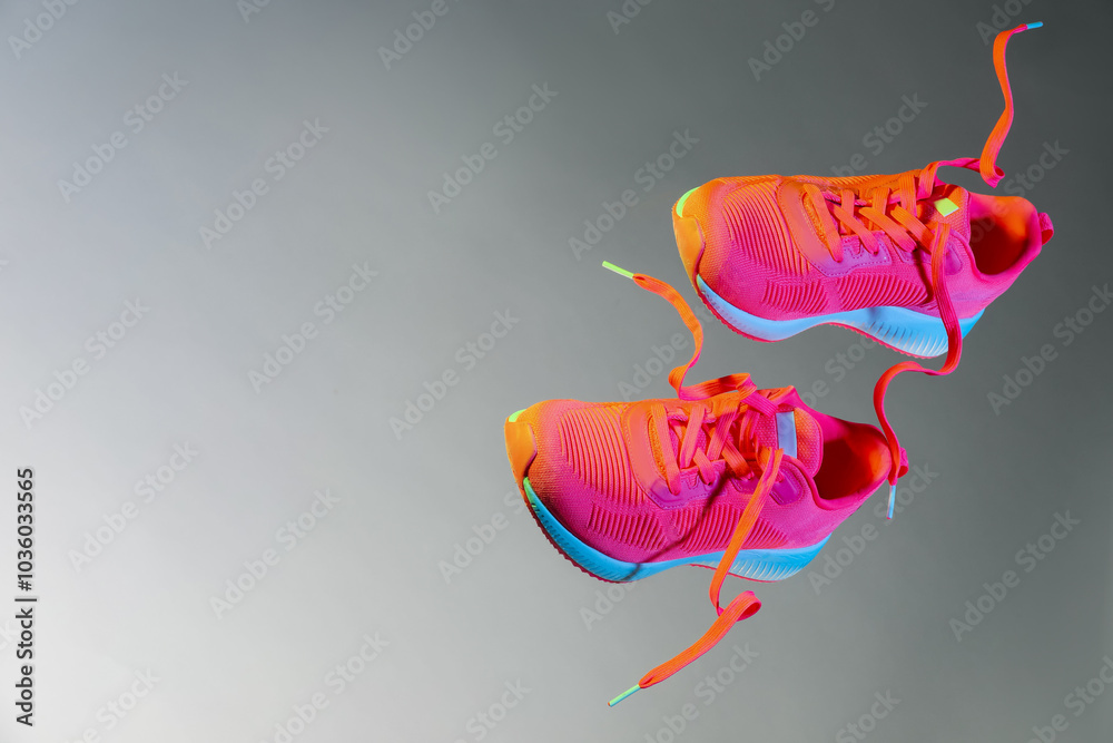 Sticker Pair of stylish sneakers in air against grey background in neon lights, space for text