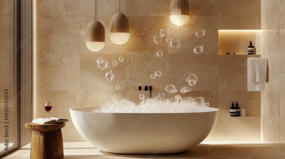 Poster a spacious bathroom features a large bathtub filled with bubbles, surrounded by natural stone walls.
