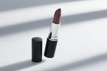 A luxurious dark matte lipstick mockup standing upright, cap slightly removed, with a soft-focus background for a premium look