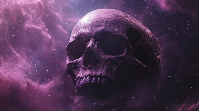 Skull in a cosmic and eerie space filled with purple clouds.