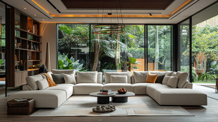 A stylish transitional living room with a large L-shaped sofa in a soft beige tone, paired with a dark wood coffee table and minimalist decor
