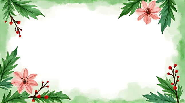 artificially created watercolor background green frame featuring christmas flowers empty space