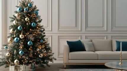 A decorated Christmas tree stands beside a modern sofa in a stylish, minimalist living room with elegant decor.