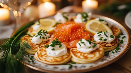 A delightful platter of Russian blini topped with sour cream, smoked salmon, and caviar