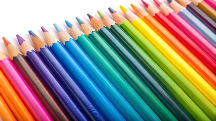 Fototapeta premium Row of many different colored pencils is standing on end on a white surface