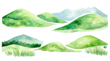 Collection of Watercolor Green Hills Celebrating St. Patrick's Day Generative AI