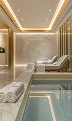 Luxury spa with pool and loungers.