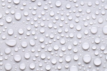Water drops on light gray background, top view